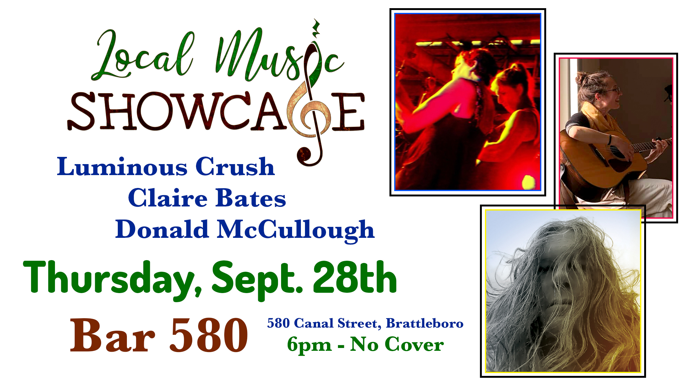 Local Music Showcase, Bar 580, Brattleboro, Live Music, Local, Near Me, Luminous Crush, Claire Bates, Donald McCullough