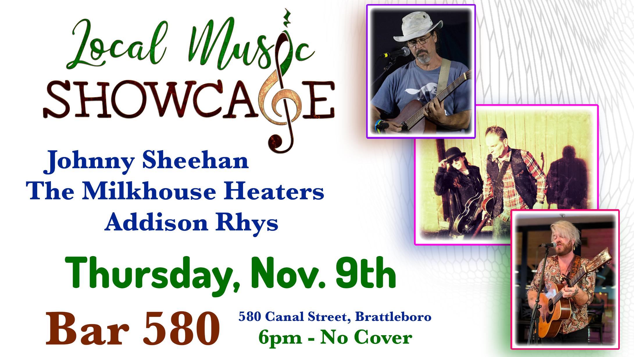 Local Music Sowcase, Live Music, Brattleboro, Vermont, LMSBratt, Addison Rhys, Milkhouse Heaters, Johnny Sheehan