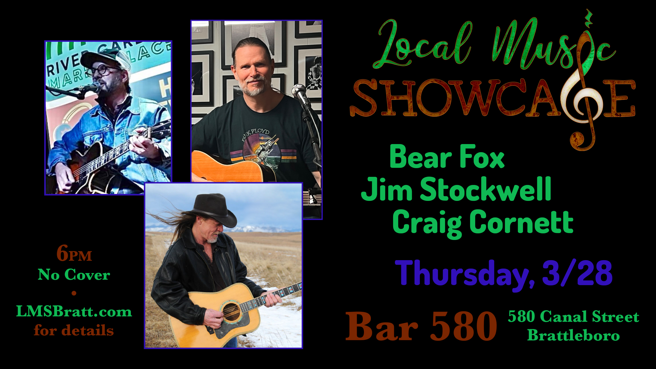 Local Music Showcase, Live Music, Brattleboro, Vermont, Bear Fox, Jim Stockwell, Craig Cornett, Donald McCullough