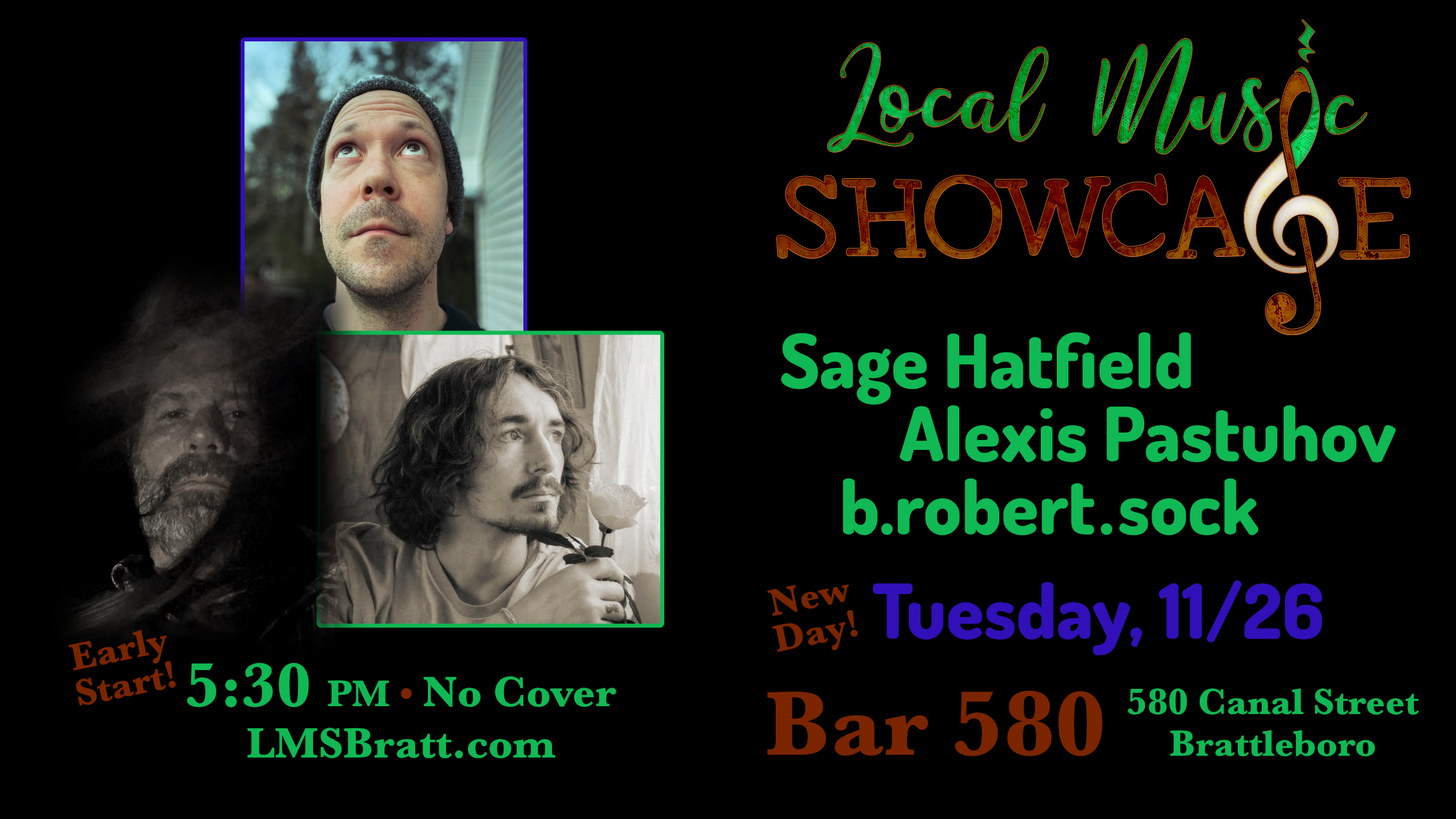 Local Music Showcase, Live Music, Brattleboro, Vermont, Alexis Pastuhov, Sage Hatfield, b.robert.sock, Donald McCullough