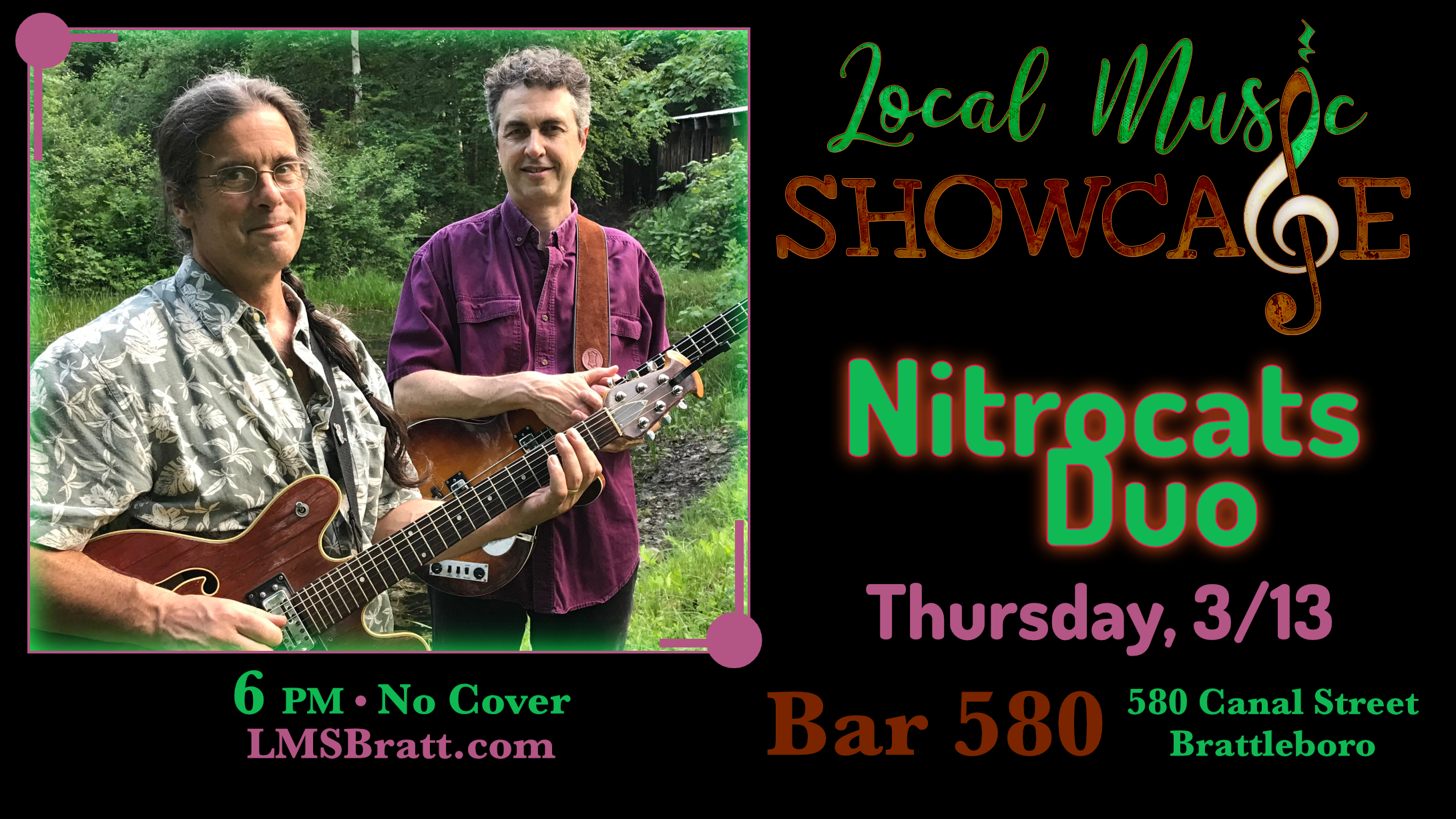 Local Music Showcase, Live Music, Brattleboro, Vermont, Nitrocats Duo, Donald McCullough, Bar 580