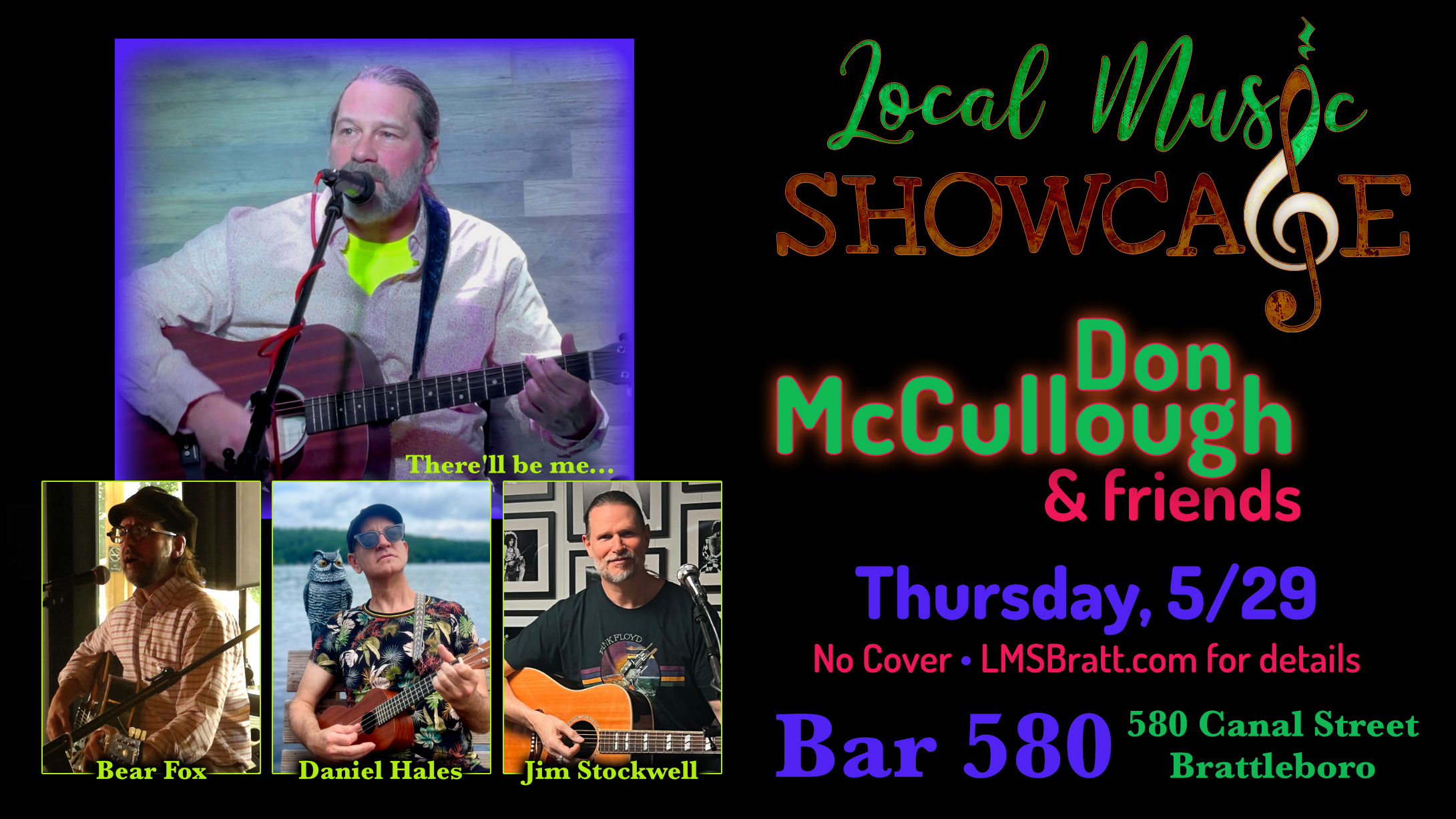 Local Music Showcase, Live Music, Brattleboro, Vermont, Donald McCullough, Bear Fox, Daniel Hales, Jim Stockwell, Bar 580