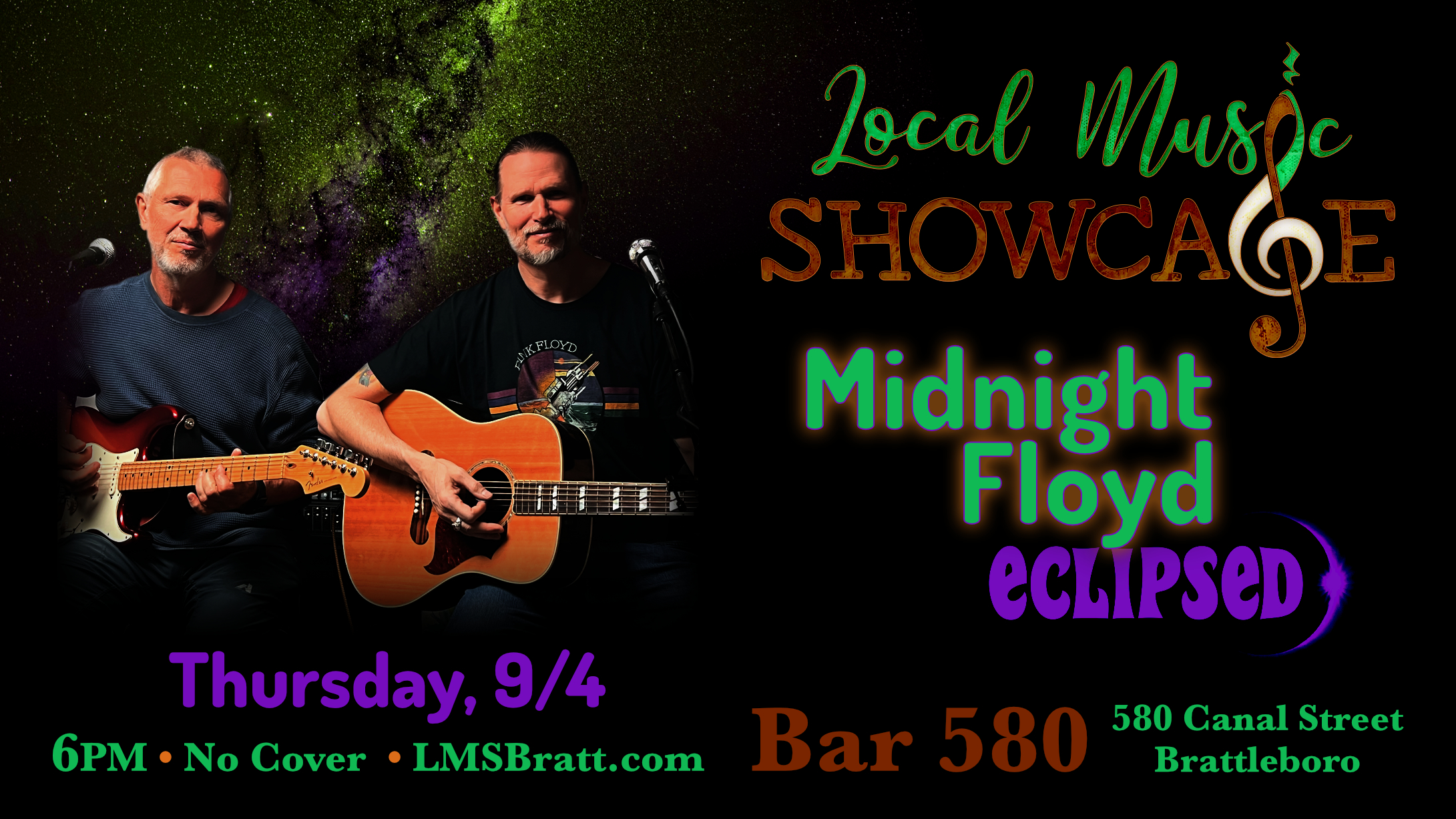 Local Music Showcase, Live Music, Brattleboro, Vermont, Midnight Floyd Eclipsed, Jim Stockwell, Tom Gutermuth, Donald McCullough, Bar 580